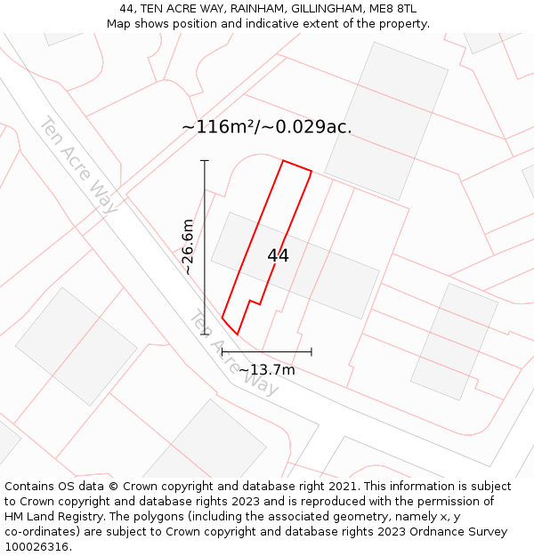 44, TEN ACRE WAY, RAINHAM, GILLINGHAM, ME8 8TL: Plot and title map