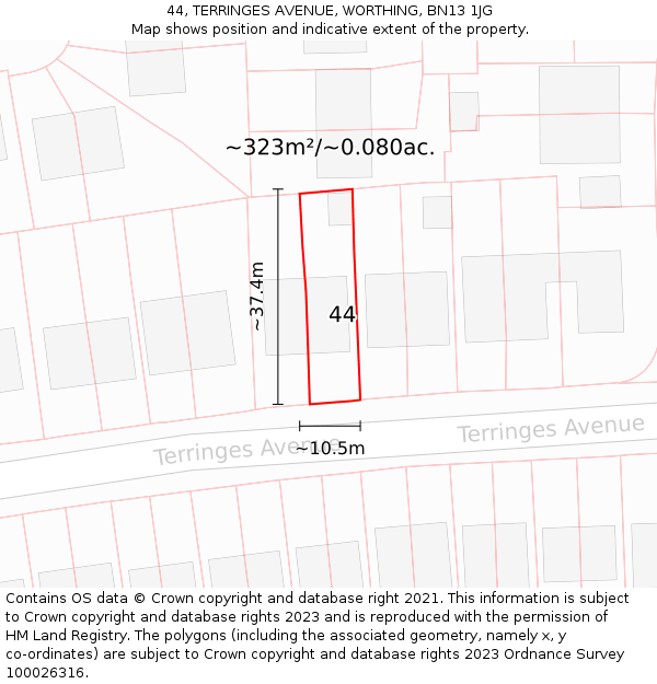 44, TERRINGES AVENUE, WORTHING, BN13 1JG: Plot and title map