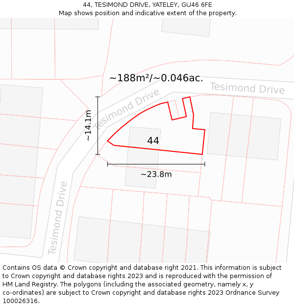 44, TESIMOND DRIVE, YATELEY, GU46 6FE: Plot and title map
