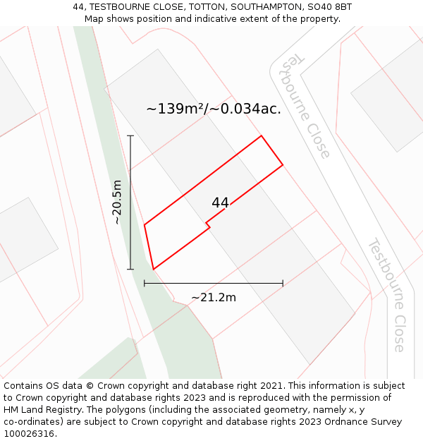 44, TESTBOURNE CLOSE, TOTTON, SOUTHAMPTON, SO40 8BT: Plot and title map