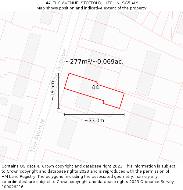 44, THE AVENUE, STOTFOLD, HITCHIN, SG5 4LY: Plot and title map
