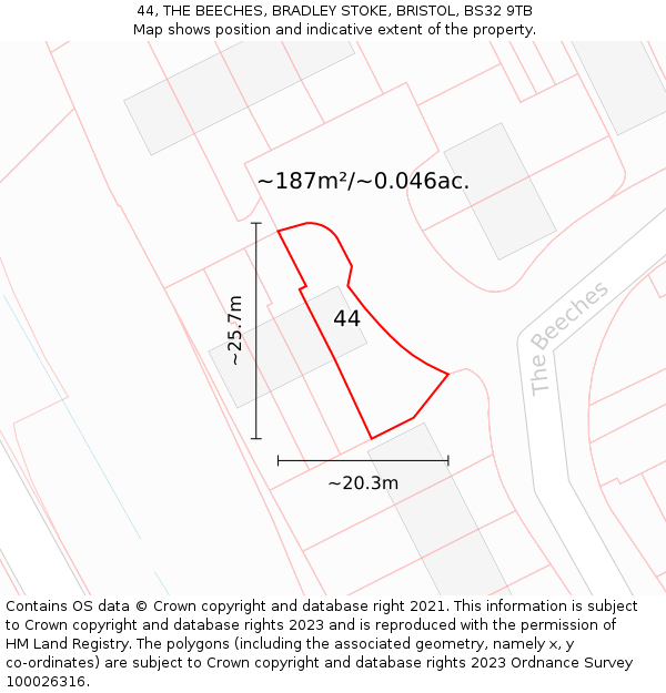 44, THE BEECHES, BRADLEY STOKE, BRISTOL, BS32 9TB: Plot and title map