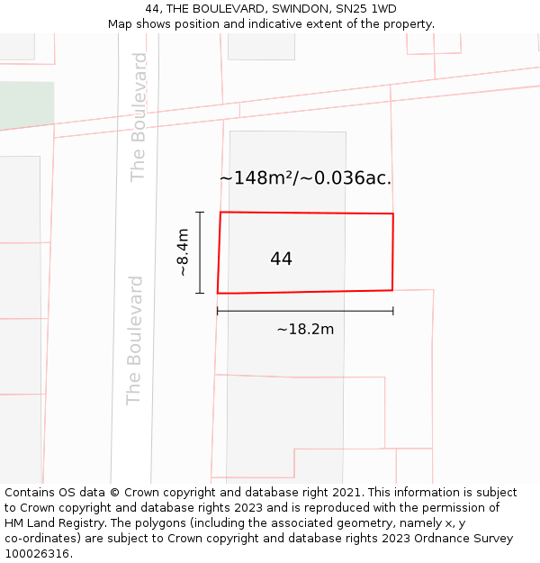 44, THE BOULEVARD, SWINDON, SN25 1WD: Plot and title map