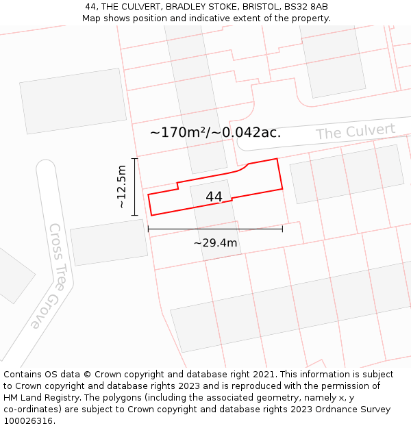 44, THE CULVERT, BRADLEY STOKE, BRISTOL, BS32 8AB: Plot and title map