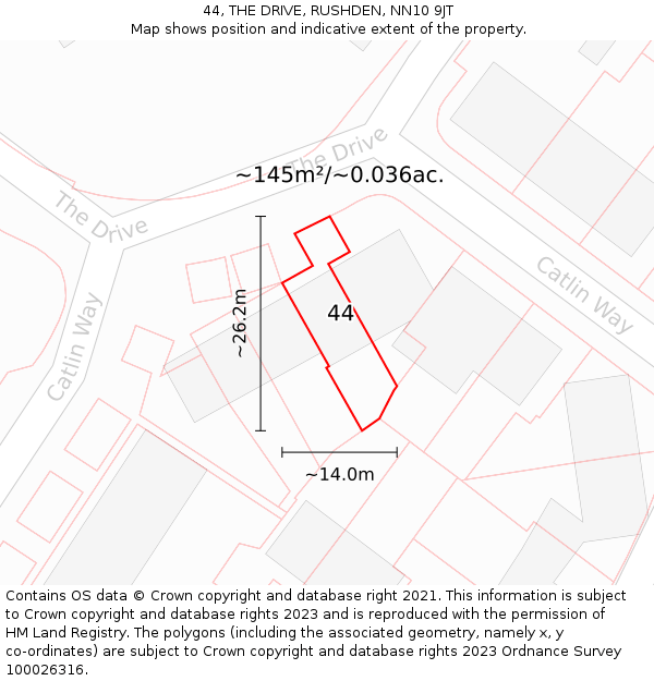 44, THE DRIVE, RUSHDEN, NN10 9JT: Plot and title map