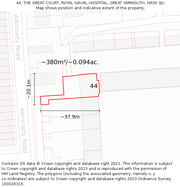 44, THE GREAT COURT, ROYAL NAVAL HOSPITAL, GREAT YARMOUTH, NR30 3JU: Plot and title map