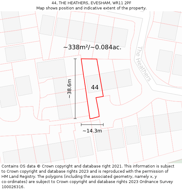 44, THE HEATHERS, EVESHAM, WR11 2PF: Plot and title map