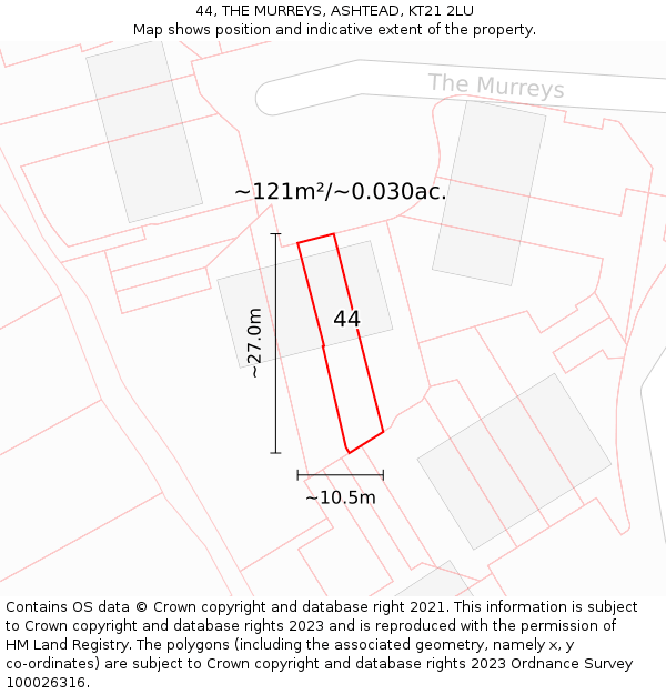 44, THE MURREYS, ASHTEAD, KT21 2LU: Plot and title map