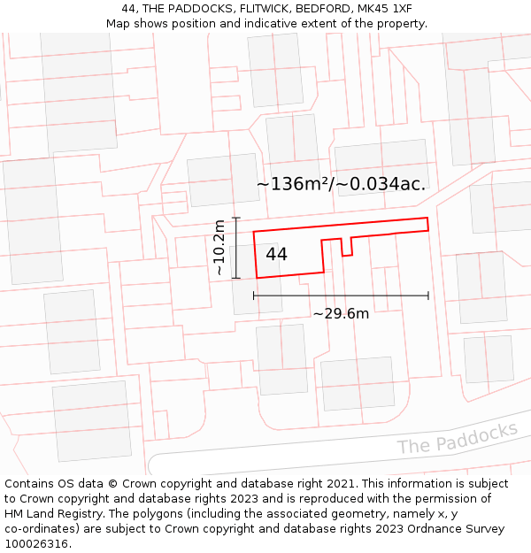 44, THE PADDOCKS, FLITWICK, BEDFORD, MK45 1XF: Plot and title map
