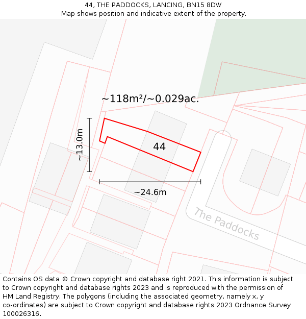 44, THE PADDOCKS, LANCING, BN15 8DW: Plot and title map