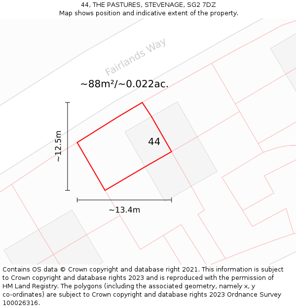 44, THE PASTURES, STEVENAGE, SG2 7DZ: Plot and title map