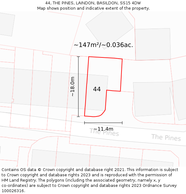 44, THE PINES, LAINDON, BASILDON, SS15 4DW: Plot and title map