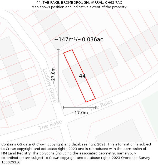 44, THE RAKE, BROMBOROUGH, WIRRAL, CH62 7AQ: Plot and title map