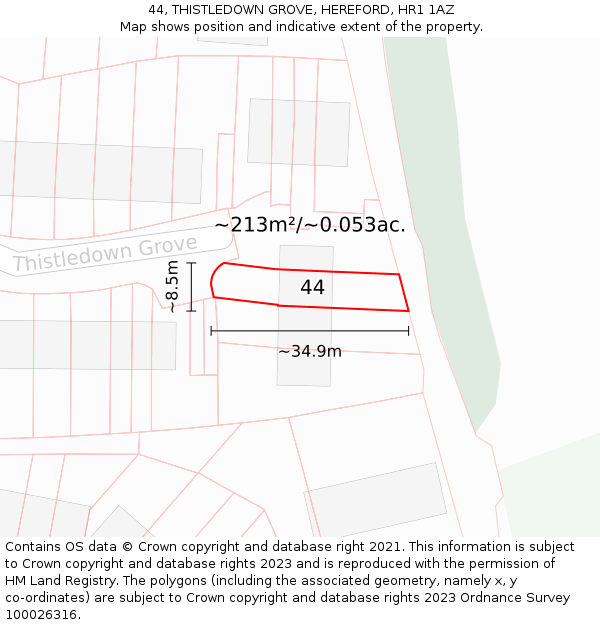44, THISTLEDOWN GROVE, HEREFORD, HR1 1AZ: Plot and title map