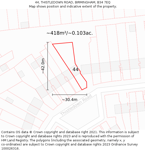 44, THISTLEDOWN ROAD, BIRMINGHAM, B34 7EQ: Plot and title map