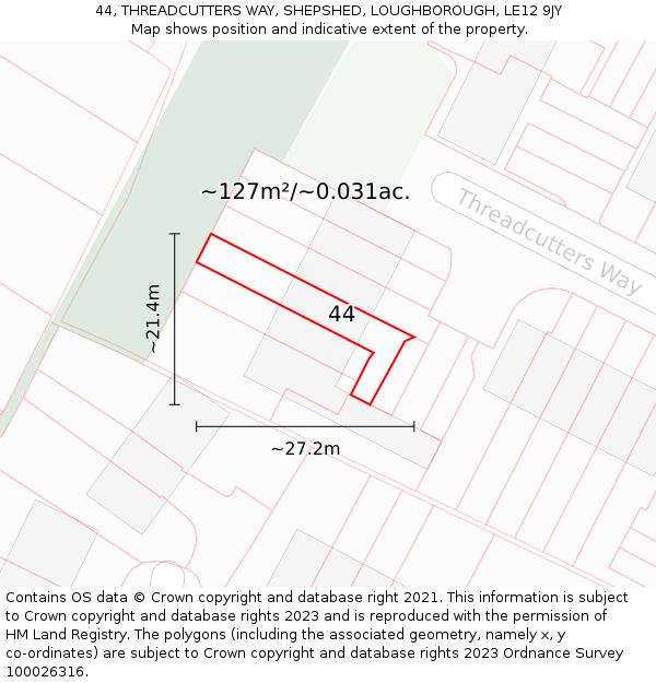44, THREADCUTTERS WAY, SHEPSHED, LOUGHBOROUGH, LE12 9JY: Plot and title map