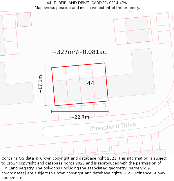 44, THREIPLAND DRIVE, CARDIFF, CF14 4PW: Plot and title map
