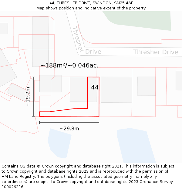44, THRESHER DRIVE, SWINDON, SN25 4AF: Plot and title map