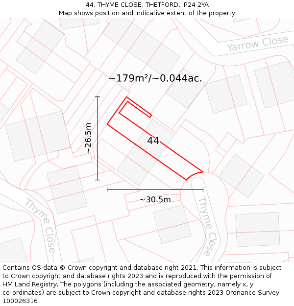 44, THYME CLOSE, THETFORD, IP24 2YA: Plot and title map