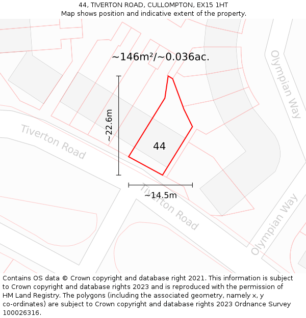 44, TIVERTON ROAD, CULLOMPTON, EX15 1HT: Plot and title map