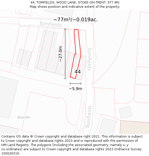 44, TOMFIELDS, WOOD LANE, STOKE-ON-TRENT, ST7 8PJ: Plot and title map