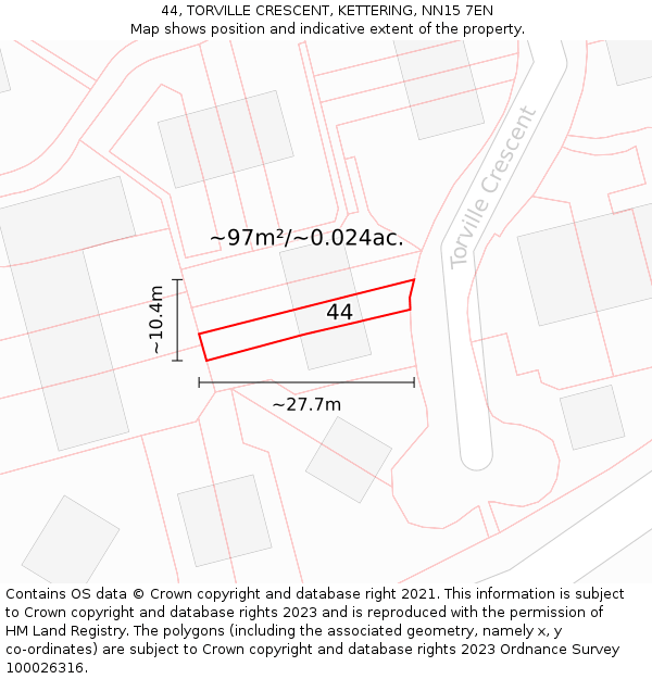 44, TORVILLE CRESCENT, KETTERING, NN15 7EN: Plot and title map