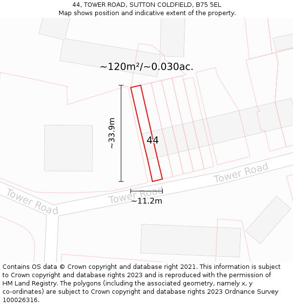 44, TOWER ROAD, SUTTON COLDFIELD, B75 5EL: Plot and title map