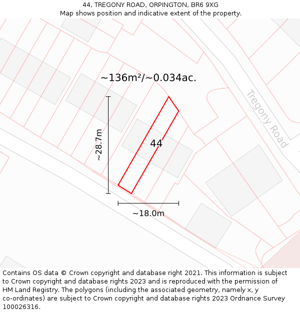 44, TREGONY ROAD, ORPINGTON, BR6 9XG: Plot and title map