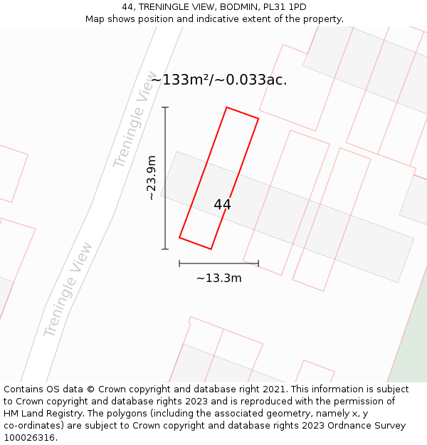 44, TRENINGLE VIEW, BODMIN, PL31 1PD: Plot and title map