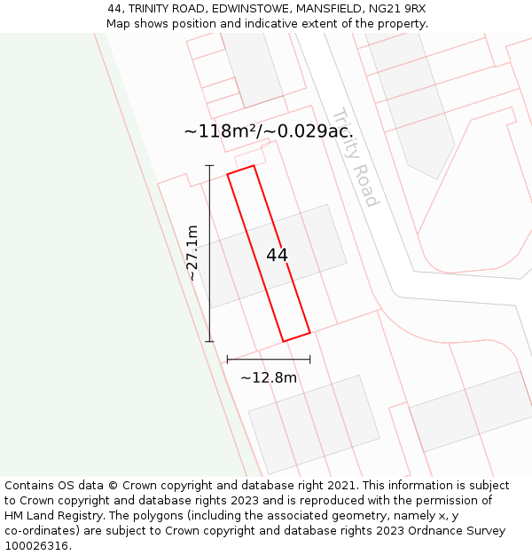 44, TRINITY ROAD, EDWINSTOWE, MANSFIELD, NG21 9RX: Plot and title map