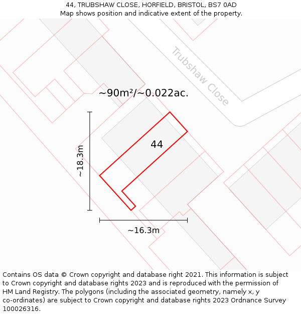 44, TRUBSHAW CLOSE, HORFIELD, BRISTOL, BS7 0AD: Plot and title map