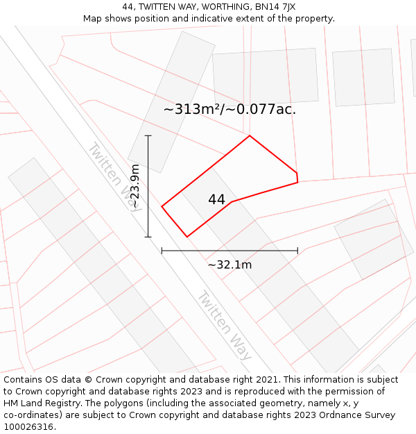 44, TWITTEN WAY, WORTHING, BN14 7JX: Plot and title map