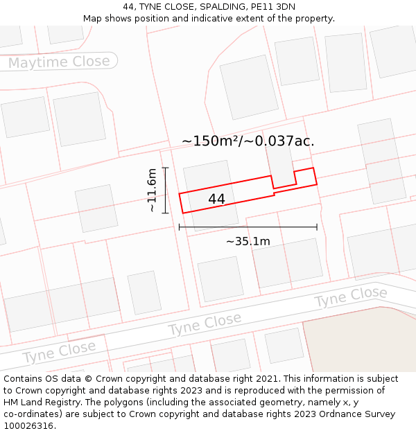 44, TYNE CLOSE, SPALDING, PE11 3DN: Plot and title map