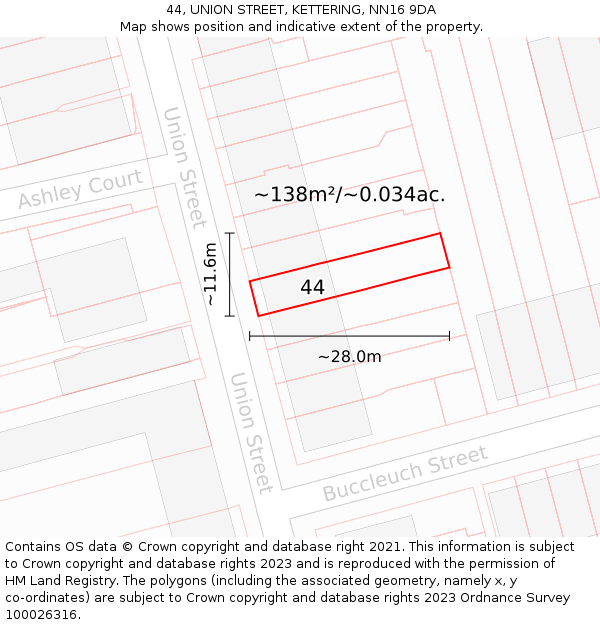 44, UNION STREET, KETTERING, NN16 9DA: Plot and title map