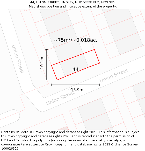 44, UNION STREET, LINDLEY, HUDDERSFIELD, HD3 3EN: Plot and title map