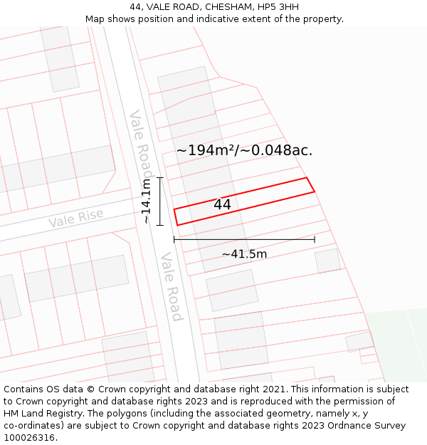 44, VALE ROAD, CHESHAM, HP5 3HH: Plot and title map