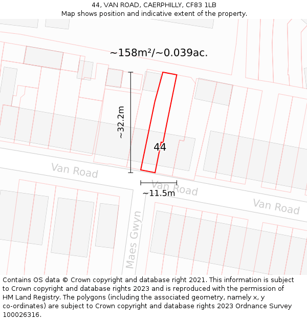 44, VAN ROAD, CAERPHILLY, CF83 1LB: Plot and title map