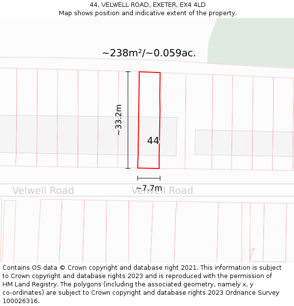 44, VELWELL ROAD, EXETER, EX4 4LD: Plot and title map