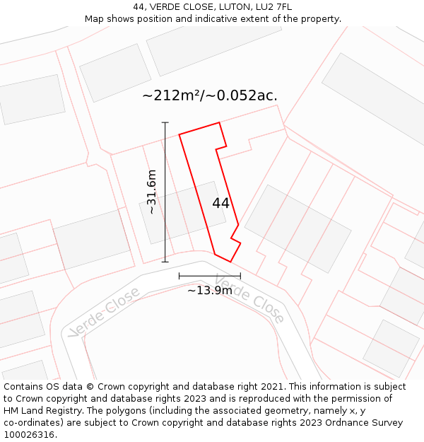 44, VERDE CLOSE, LUTON, LU2 7FL: Plot and title map