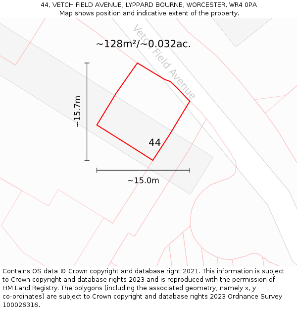 44, VETCH FIELD AVENUE, LYPPARD BOURNE, WORCESTER, WR4 0PA: Plot and title map