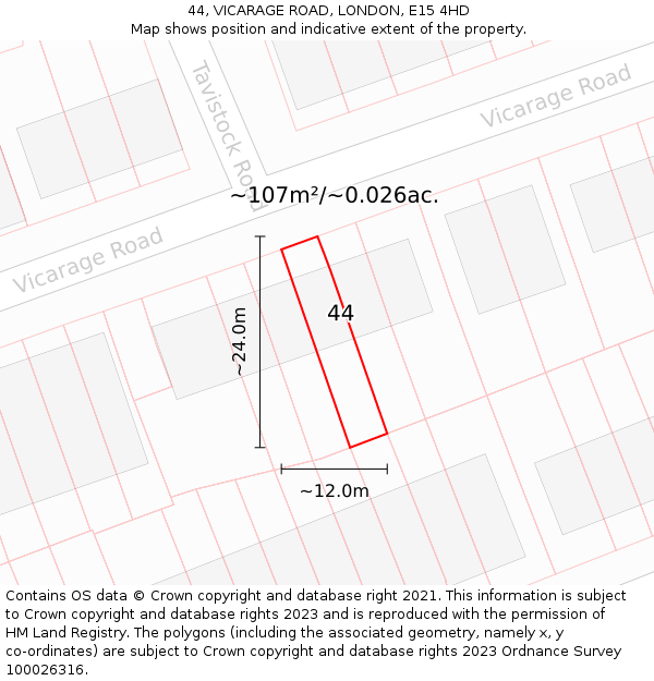 44, VICARAGE ROAD, LONDON, E15 4HD: Plot and title map
