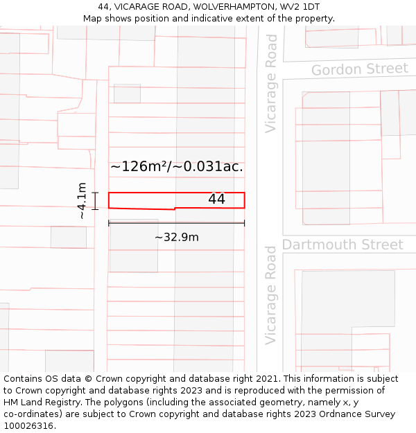 44, VICARAGE ROAD, WOLVERHAMPTON, WV2 1DT: Plot and title map