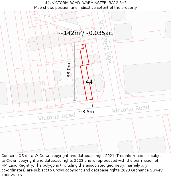 44, VICTORIA ROAD, WARMINSTER, BA12 8HF: Plot and title map