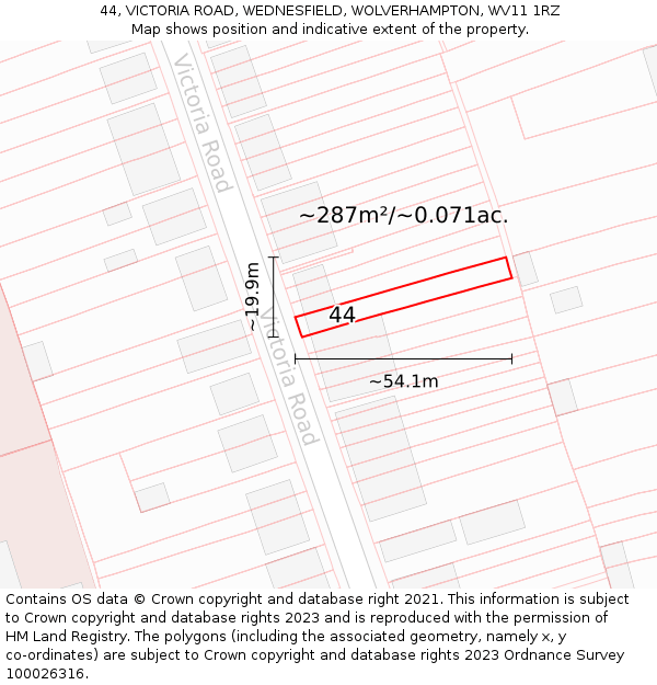 44, VICTORIA ROAD, WEDNESFIELD, WOLVERHAMPTON, WV11 1RZ: Plot and title map