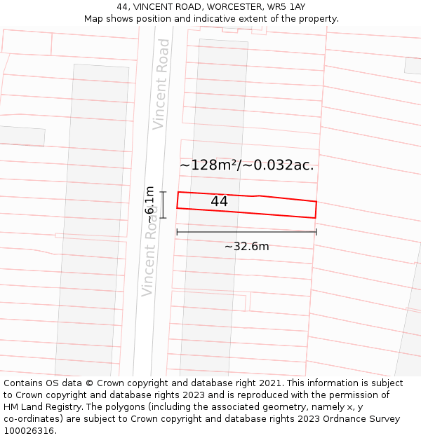 44, VINCENT ROAD, WORCESTER, WR5 1AY: Plot and title map