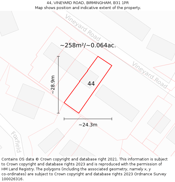 44, VINEYARD ROAD, BIRMINGHAM, B31 1PR: Plot and title map