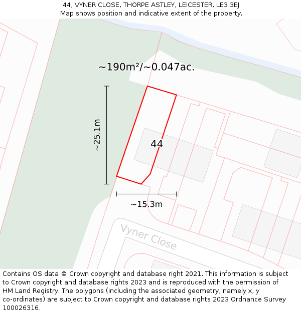 44, VYNER CLOSE, THORPE ASTLEY, LEICESTER, LE3 3EJ: Plot and title map