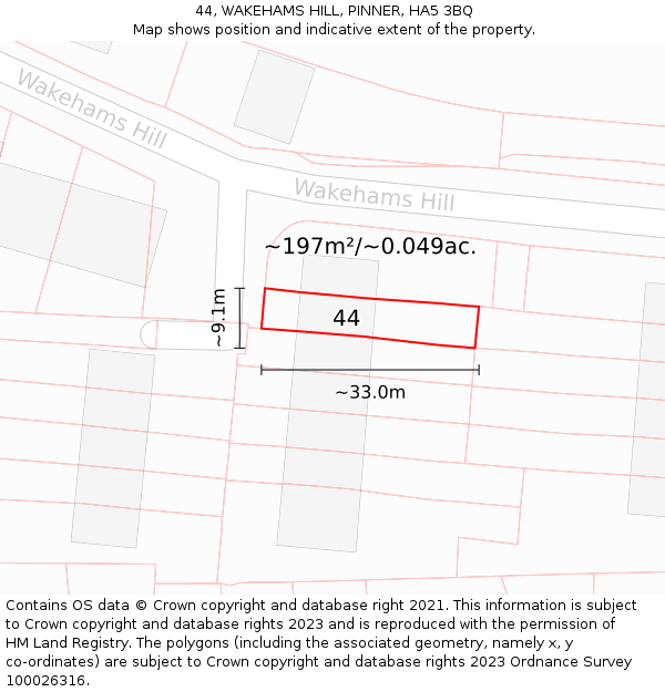 44, WAKEHAMS HILL, PINNER, HA5 3BQ: Plot and title map
