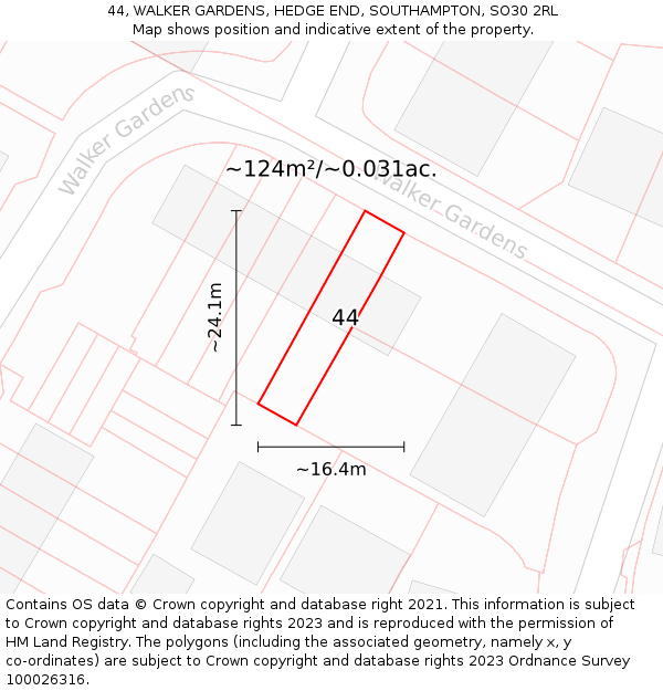 44, WALKER GARDENS, HEDGE END, SOUTHAMPTON, SO30 2RL: Plot and title map