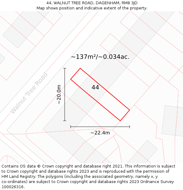 44, WALNUT TREE ROAD, DAGENHAM, RM8 3JD: Plot and title map